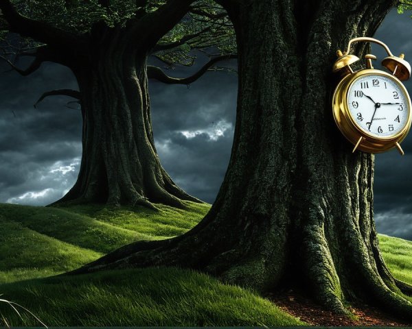 Surreal Dark Landscape with Ancient Trees and Clock
