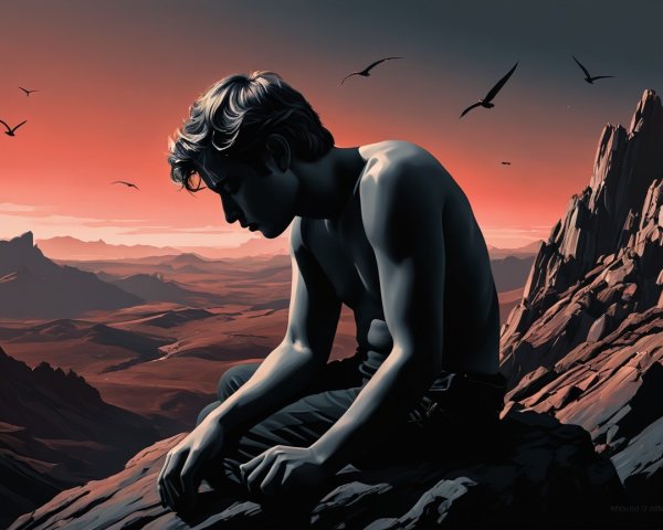 Solitary Figure on Rocky Ledge at Vibrant Sunset
