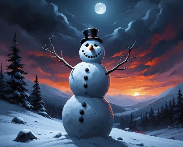 Cheerful Snowman in Snowy Mountain Landscape at Sunset