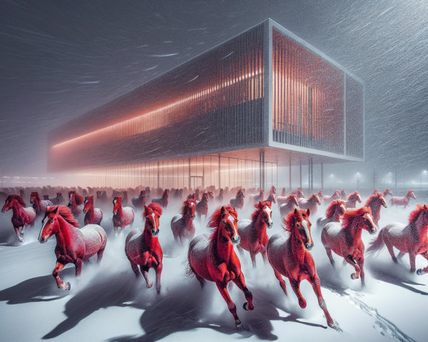 Red Horses Galloping in a Snowstorm with Modern Structure