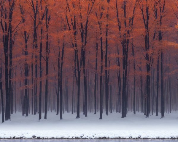 Serene winter landscape with orange leaves and fog