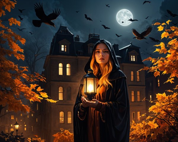 Mysterious Woman with Lantern in Moonlit Setting