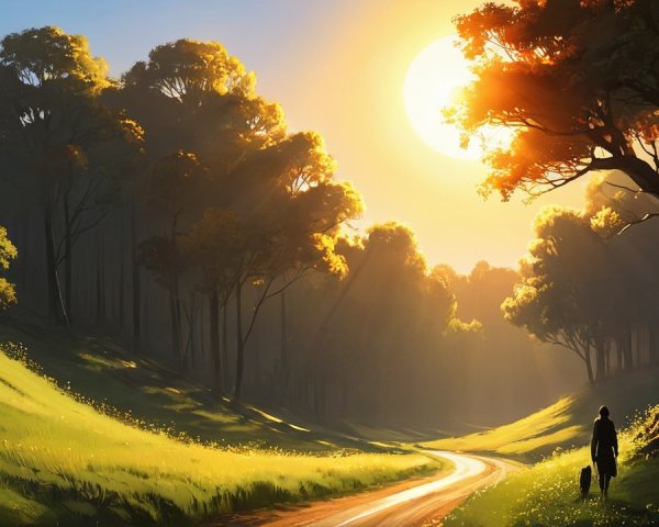 Serene Landscape with Winding Path and Sunset Light