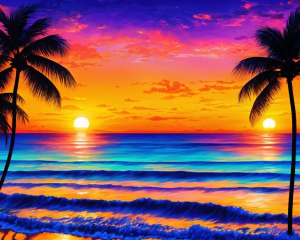 Vibrant Sunset Over Ocean with Silhouetted Palm Trees
