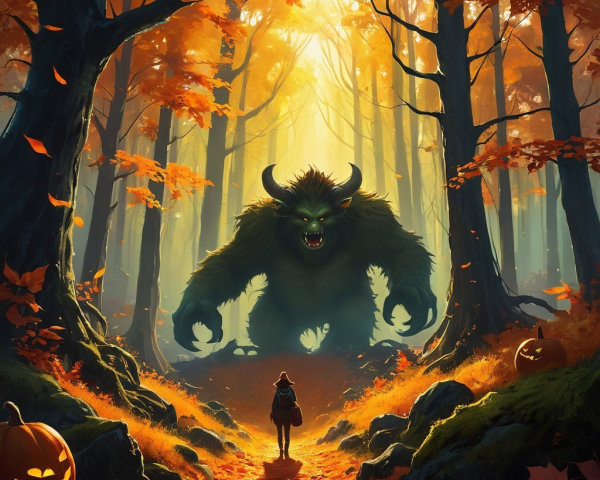 Mystical Forest Scene with Creature and Pumpkins