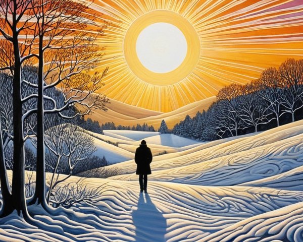 Winter Sunrise Landscape with Snowy Field and Hills