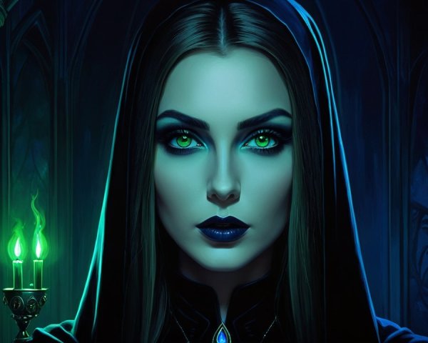 Mysterious Figure with Green Eyes and Dark Lips