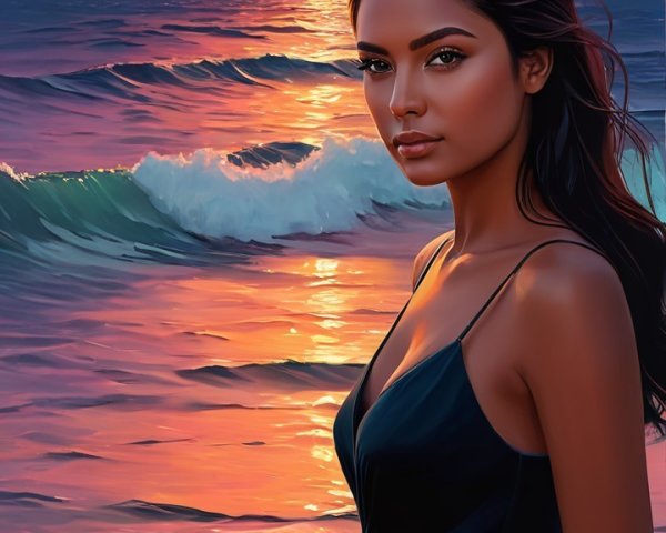 Serene sunset over ocean with woman in black dress