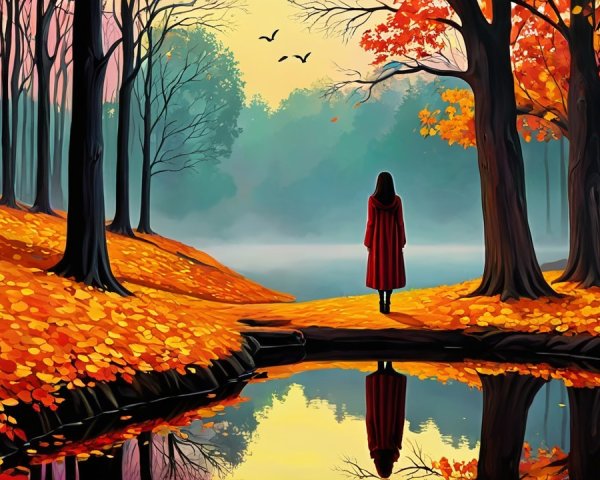 Autumn Landscape with Figure by Tranquil Lake