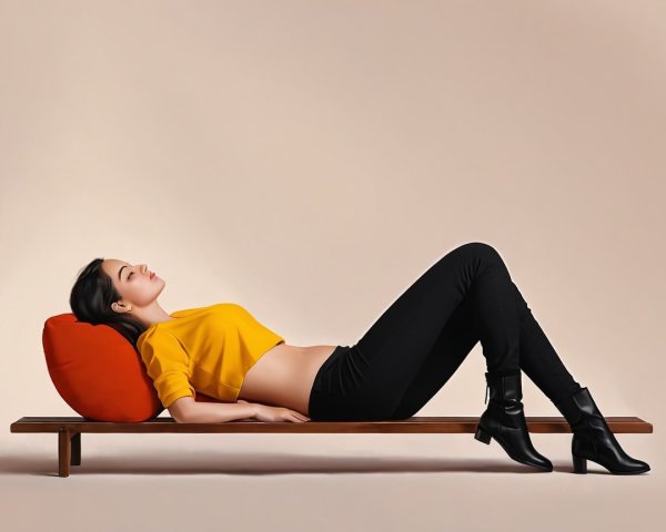 Woman in Yellow Top on Bench with Red Pillow
