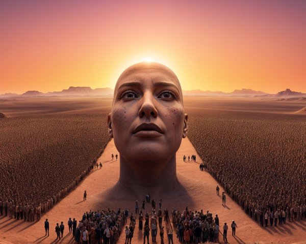 Serene Female Head in Desert Landscape at Sunset