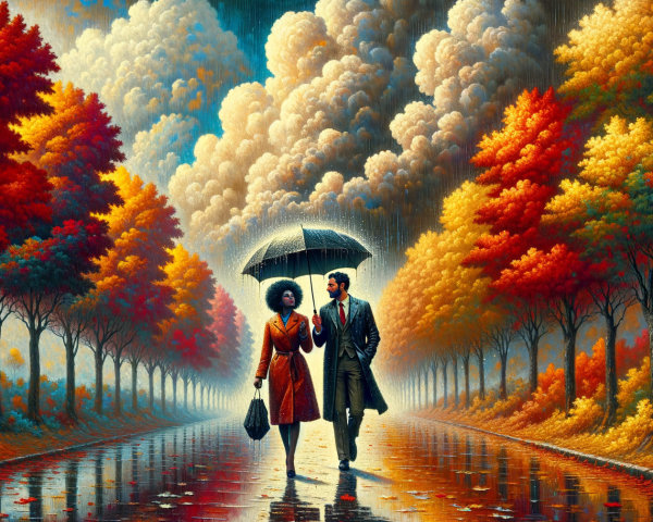 Couple Walking in Autumn Foliage on Rainy Path