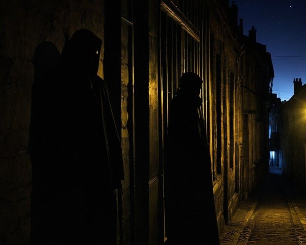 Cloaked Figures in a Dimly Lit Cobblestone Alley