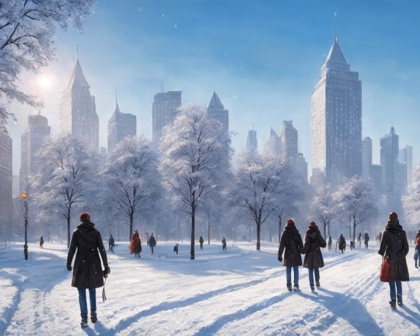 Snowy City Park with People and Tall Buildings