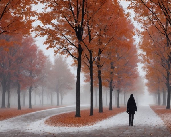 Foggy Park Path in Autumn with Vibrant Trees