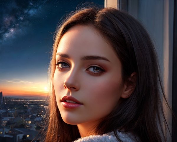 Young Woman Contemplating Sunset Through Window