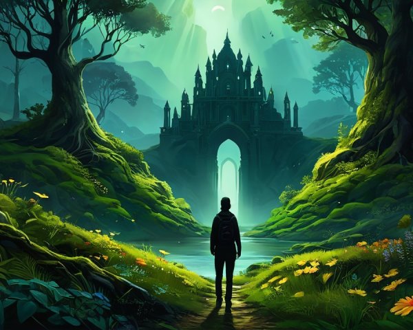 Lone Figure Overlooking Lush Landscape and Castle