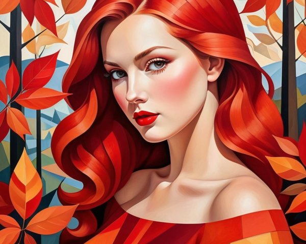 Young woman with red hair among autumn leaves