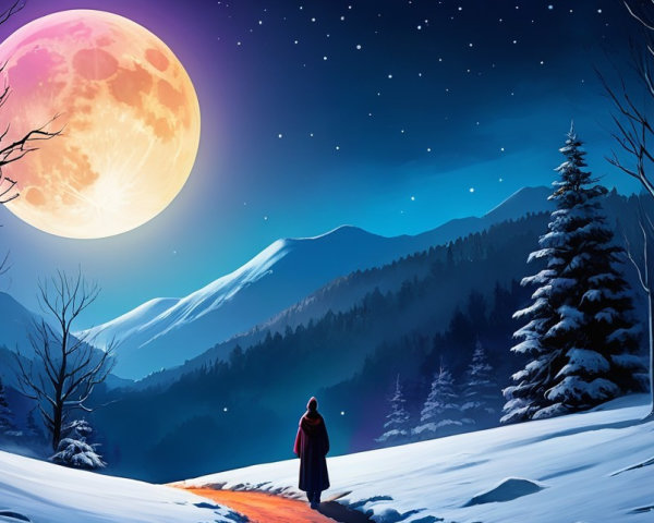 Lone Traveler on Amber Path in Snowy Forest Scene