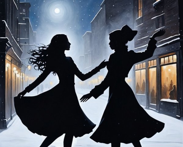 Elegant women dancing in a snowy moonlit street
