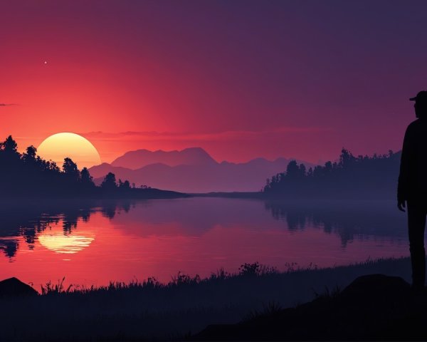 Serene sunset over a tranquil lake with mountains
