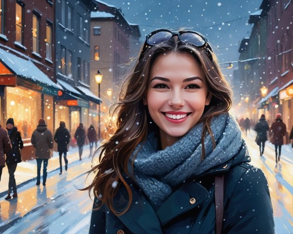 Young Woman in Winter Coat Smiling in Snowy Scene