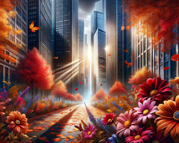 Autumn Cityscape with Colorful Flowers and Skyscrapers
