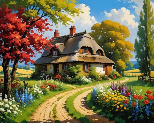 Quaint Cottage Surrounded by Vibrant Flower Gardens
