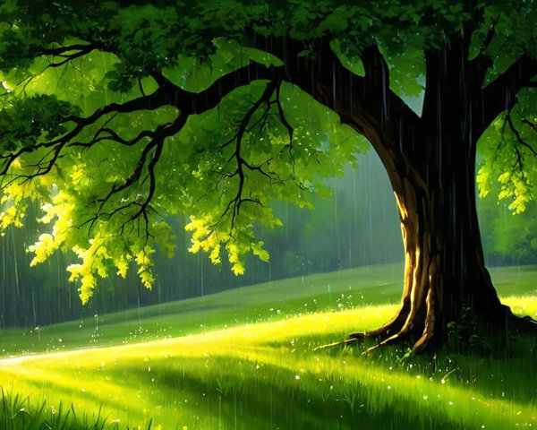 Majestic tree in a serene green meadow with sunlight