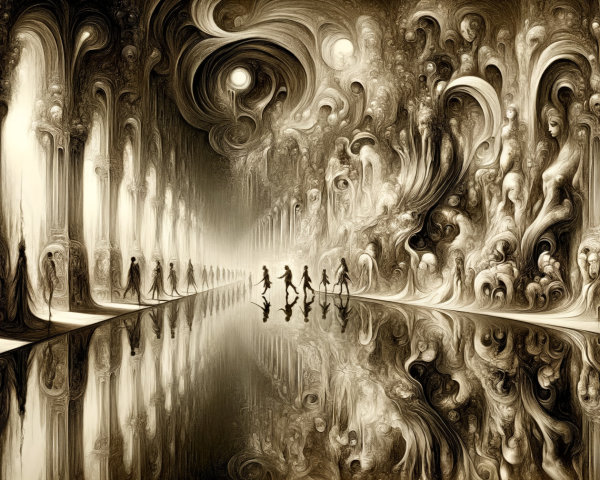 Reflective Hallway with Twisted Pillars and Figures