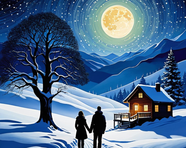 Winter Landscape with Couple and Cozy Cabin
