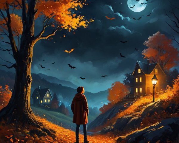 Autumn Night with Cloaked Figure and Glowing Houses