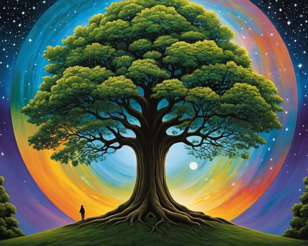 Majestic tree against vibrant cosmic backdrop