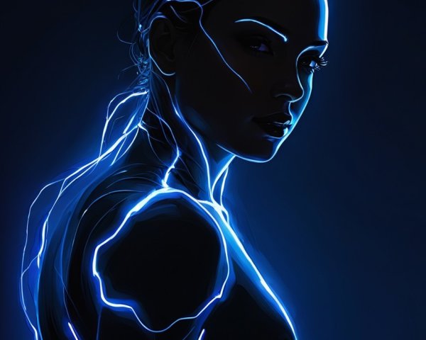 Silhouette with Pulsing Blue Light on Dark Background