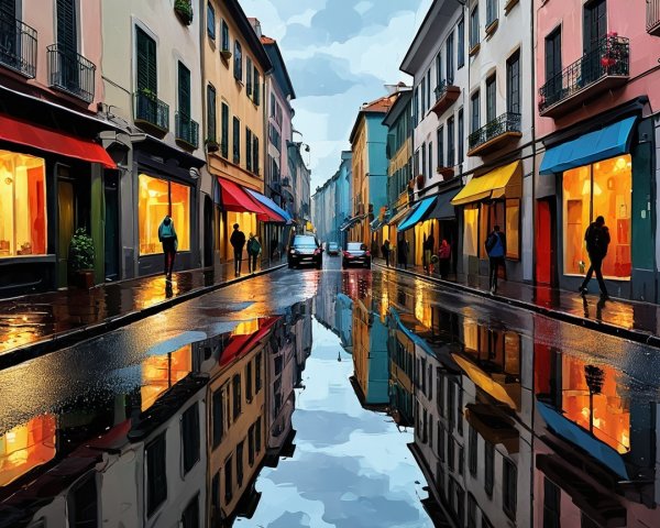 Vibrant Urban Street Scene After Rain at Dusk