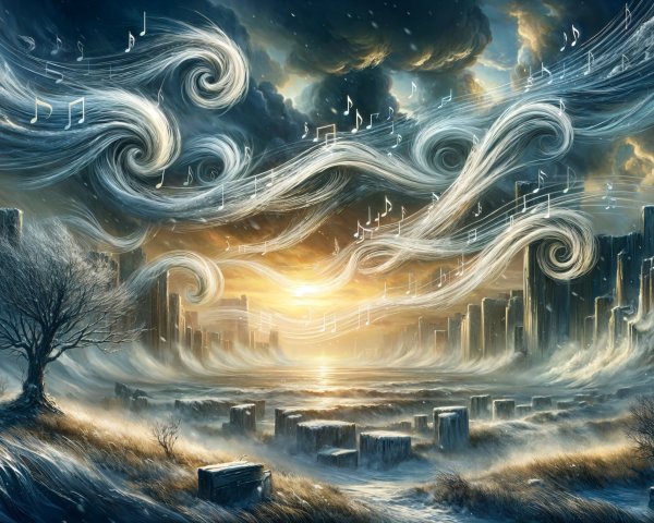 Surreal Landscape with Musical Notes and Dark Clouds