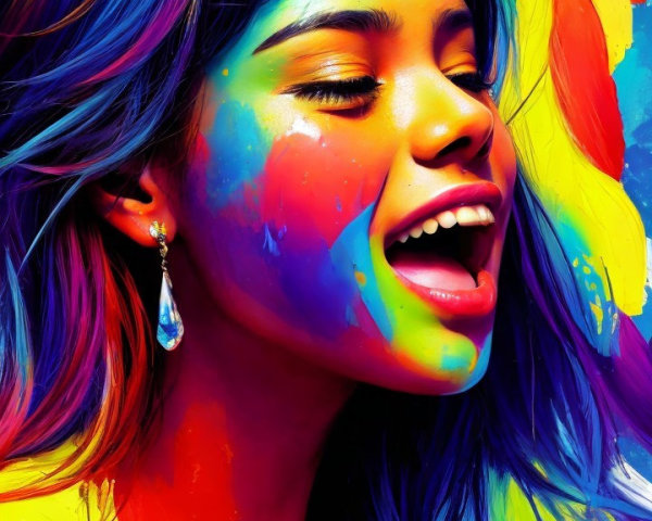 Young girl with colorful hair and vibrant face paint