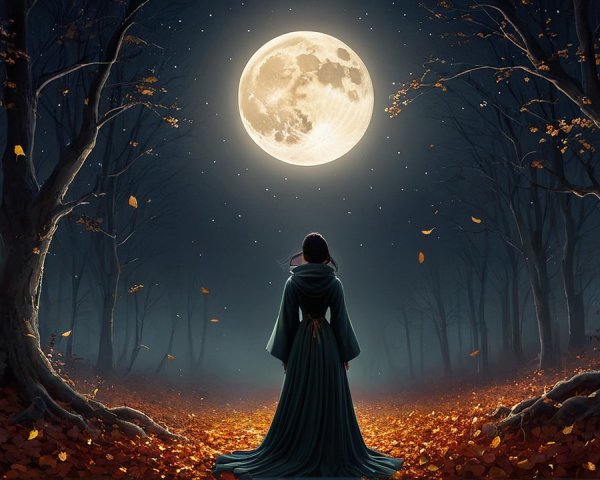 Hooded Figure in Forest Under Luminous Full Moon