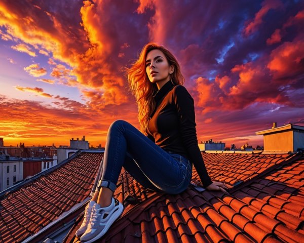 Woman on Rooftop at Sunset with Vibrant Sky Colors