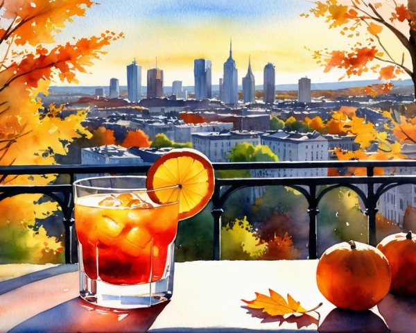 Autumn City Skyline with Cocktail and Foliage