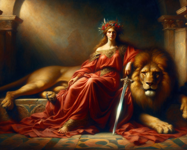 Regal Figure in Red Robes with Lion and Sword