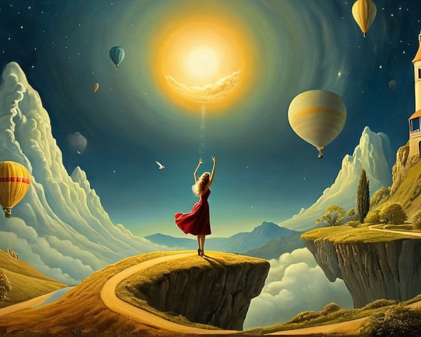 Surreal Landscape with Woman in Red Dress and Balloons