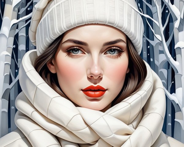 Young woman in white scarf amid snowy birch trees