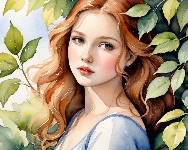 Portrait of a Young Woman with Auburn Hair and Leaves