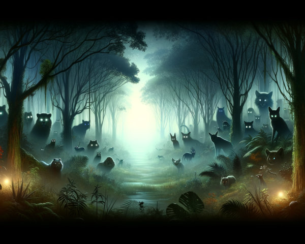 Mystical Forest with Glowing Cat Eyes and Shadows