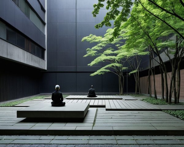 Minimalist Courtyard with Meditating Figures and Nature