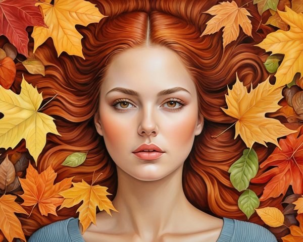 Serene Portrait of Woman Among Vibrant Autumn Leaves