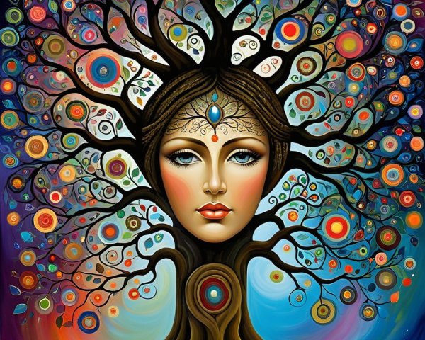 Tree and Woman Face Merging in Vibrant Artwork