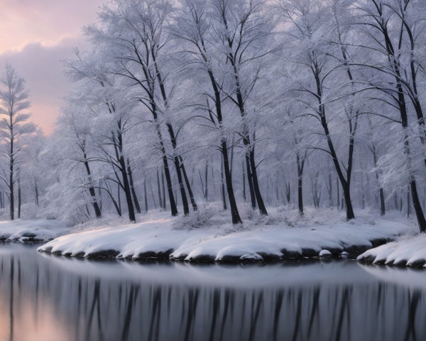 Serene Winter Landscape with Frosted Trees and River