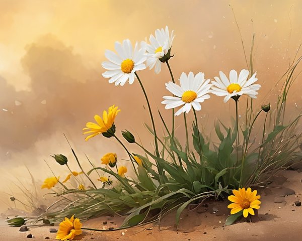 Vibrant White Daisies and Yellow Flowers in Sand